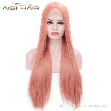 Aisi Hair Long Straight Lace Front Synthetic Wigs Natural Looking Red Silk Straight Long Wigs Colorful Lace Front Hair Wigs